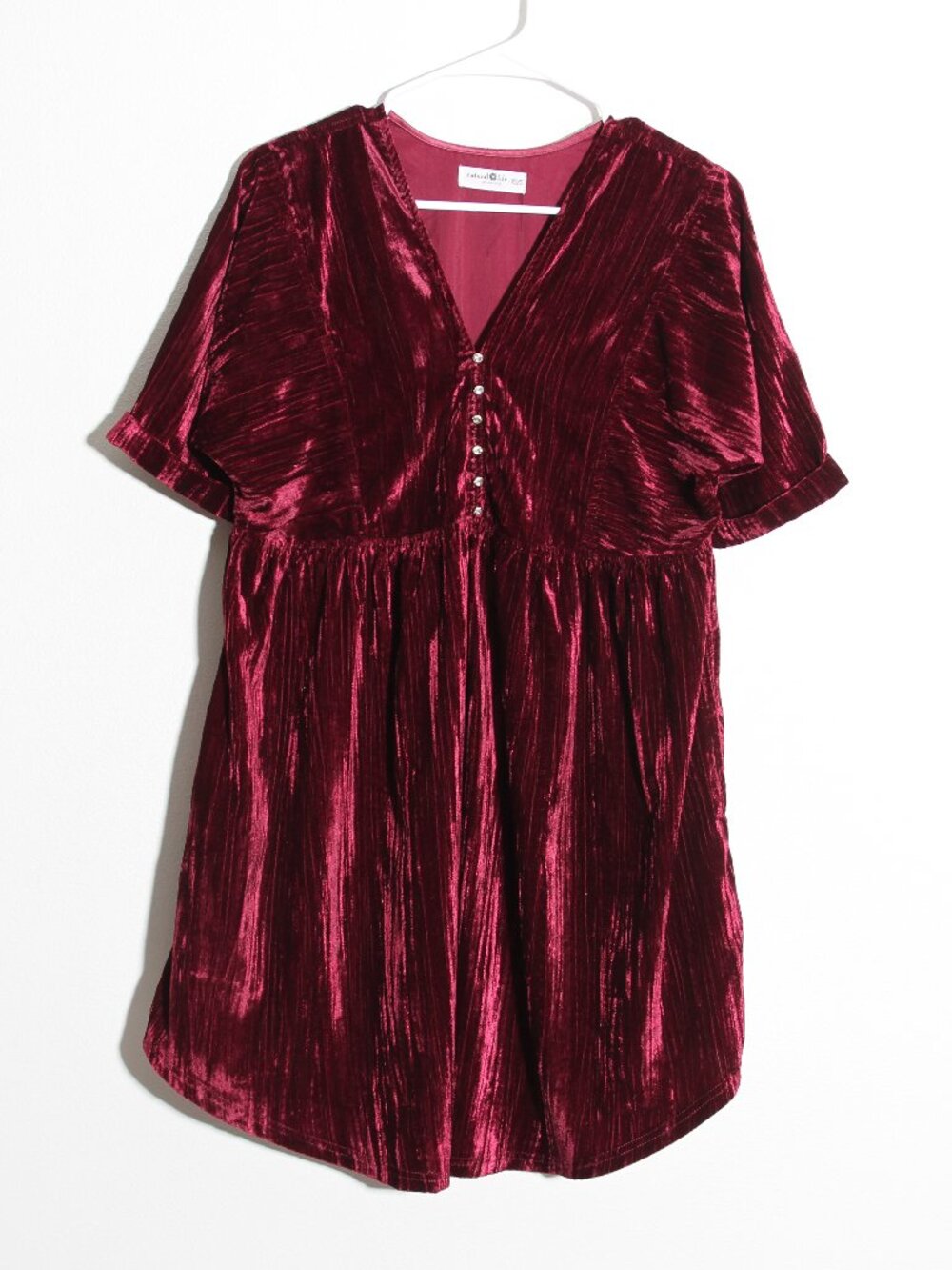 Natural Life Stella Velvet Mini Dress Button Front V-Neck Burgundy XS / Small